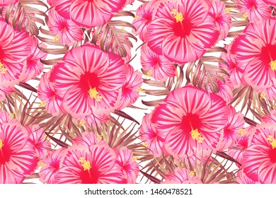 Pink red exotic pattern. Monstera and hibiscus flowers tropical bouquet.  Saturated large floral swimwear print. Horizontal california natural texture design. Hypernatural botanic design.
