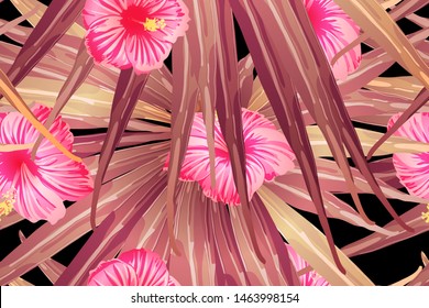 Pink red exotic pattern. Monstera leaves and hibiscus flowers in summer print.  Saturated large floral swimwear print. Horizontal romantic wild vector exotic tile. Bonny spring botanical design.