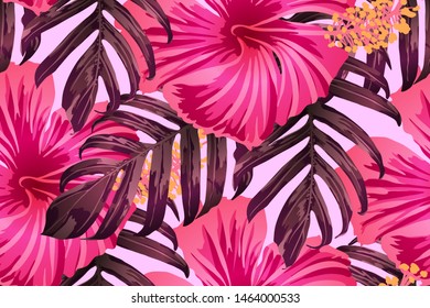 Pink red exotic pattern. Monstera and hibiscus flowers tropical bouquet.  Hawaiian t-shirt and swimwear tile.  Horizontal california natural texture design. Bonny spring botanical design.