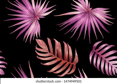 Pink red exotic pattern. Monstera and hibiscus flowers tropical bouquet.  Saturated large floral swimwear print. Horizontal california natural texture design. Bonny spring botanical design.