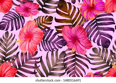 Pink red exotic pattern. Monstera and hibiscus flowers tropical bouquet.  Saturated large floral swimwear print. Horizontal california natural texture design. Bonny spring botanical design.