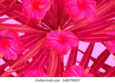 Pink red exotic pattern. Monstera and hibiscus flowers tropical bouquet.  Hawaiian t-shirt and swimwear tile.  Horizontal romantic wild vector exotic tile. Hypernatural botanic design.