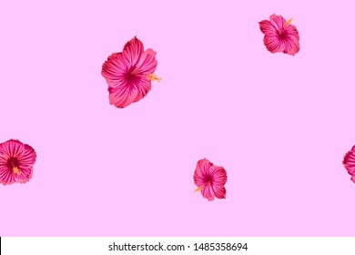 Pink red exotic pattern. Monstera leaves and hibiscus flowers in summer print.  Saturated large floral swimwear print. Horizontal romantic wild vector exotic tile. Bonny spring botanical design.