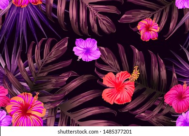 Pink red exotic pattern. Monstera and hibiscus flowers tropical bouquet.  Saturated large floral swimwear print. Horizontal romantic wild vector exotic tile. Hypernatural botanic design.