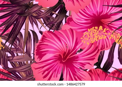 Pink red exotic pattern. Monstera leaves and hibiscus flowers in summer print.  Hawaiian t-shirt and swimwear tile.  Horizontal romantic wild vector exotic tile. Hypernatural botanic design.