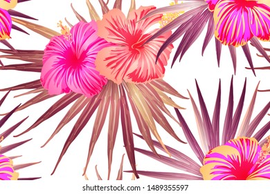 Pink red exotic pattern. Monstera leaves and hibiscus flowers in summer print.  Hawaiian t-shirt and swimwear tile.  Horizontal romantic wild vector exotic tile. Hypernatural botanic design.