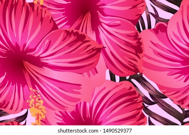 Pink red exotic pattern. Monstera leaves and hibiscus flowers in summer print.  Saturated large floral swimwear print. Horizontal california natural texture design. Bonny spring botanical design.