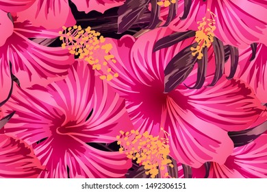 Pink red exotic pattern. Monstera and hibiscus flowers tropical bouquet.  Hawaiian t-shirt and swimwear tile.  Horizontal california natural texture design. Hypernatural botanic design.