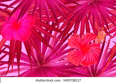 Pink red exotic pattern. Monstera and hibiscus flowers tropical bouquet.  Saturated large floral swimwear print. Horizontal romantic wild vector exotic tile. Bonny spring botanical design.