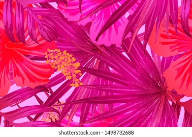 Pink red exotic pattern. Monstera leaves and hibiscus flowers in summer print.  Saturated large floral swimwear print. Horizontal romantic wild vector exotic tile. Hypernatural botanic design.