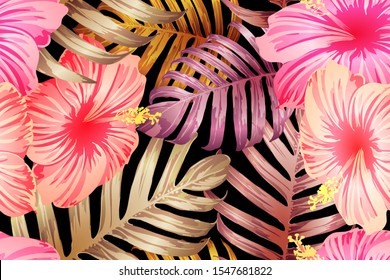 Pink red exotic pattern. Monstera and hibiscus flowers tropical bouquet.  Hawaiian t-shirt and swimwear tile.  Horizontal california natural texture design. Hypernatural botanic design.