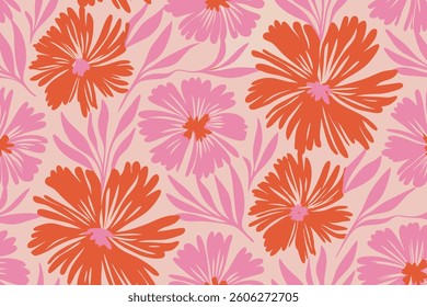 Pink and red expressive blossom field background. Design illustration for decoration, wall decor, wallpaper, cover, banner.