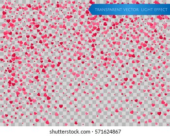 Pink and red falling hearts waves on a transparent background. Symbol of love, Valentines day background . Flower petal in shape of heart confetti. Decor element for greeting cards, bunners. Vector