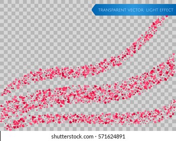 Pink and red falling hearts waves on a transparent background. Symbol of love, Valentines day background . Flower petal in shape of heart confetti. Decor element for greeting cards, bunners. Vector
