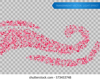 Pink and red falling hearts waves on a transparent background. Symbol of love, Valentines day background . Flower petal in shape of heart confetti. Decor element for greeting cards, bunners. Vector