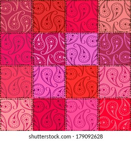 Pink red fancy paisley seamless pattern of patchworks 