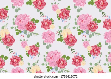 Pink and red flora with leaves pattern, repeating roses and peony flower with green leaves of rose. Pattern is clean for fabric, wallpaper, printing. Pattern is on swatches panel