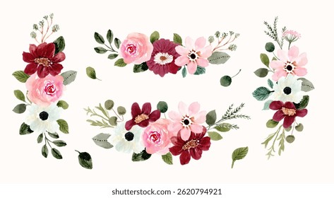 pink red floral arrangement bouquet watercolor collection