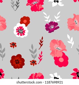 Pink and red floral composition. Seamless vector pattern with small flowers and leaves inspired by 1950s design. On grey background.