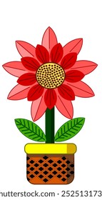 Pink and red flower, planted in a ceramic pot, a ceramic pot with indigenous painting decoration details. Image in vector file format, for making logos and icons.