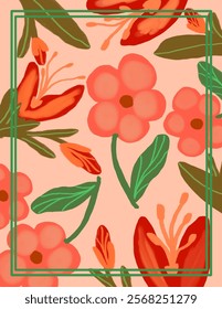 Pink, red flowers and leaves patterns on pink background for web banner, branding package, fabric print, wallpaper, social media post, doodle, notes, book covers, wall decor.