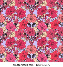 Pink and red flowers vector seamless pattern. Floral design. Bright romantic background. Hand drawn illustration.
