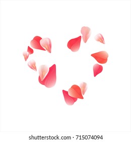 Pink Red flying petals isolated on white background. Sakura petals. Heart of petals. Vector EPS 10, cmyk