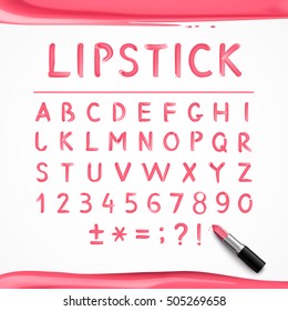 Pink red glossy english alphabet letters and mathematical symbols hand drawn with lipstick realistic poster vector illustration 