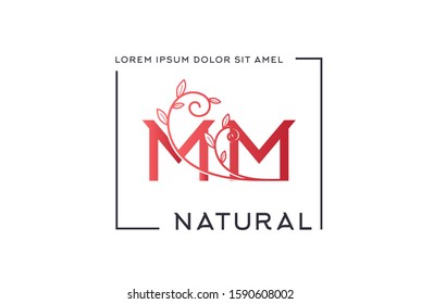 Pink red gradient wedding floral initial MM icon design with square frames. Vector logo template