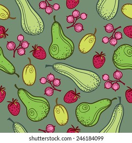 Pink, red and green colorful bright fruits and berries on green background. Seamless vector pattern with pear, plum, strawberry and gooseberry.