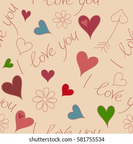 Pink, red and green design template for holiday and wedding card, wallpaper. Vector Valentine design. Vector illustration. Colorful hearts, flower and I love you text seamless pattern.