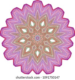 Pink and red guilloche doily rosette with intricate web of lines.