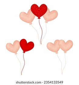 pink and red heart balloons watercolor clip art