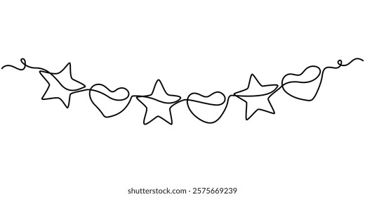 Pink and red heart garland thin line drawing, Hearts bunting continuous line drawing, Valentine's Day Heart Doodle Single Continuous Thin Line Drawing Border, Heart Christmas light. One line garlannd.