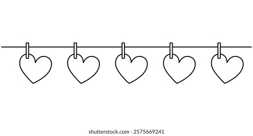 Pink and red heart garland thin line drawing, Hearts bunting continuous line drawing, Valentine's Day Heart Doodle Single Continuous Thin Line Drawing Border, Heart Christmas light. One line garlannd.