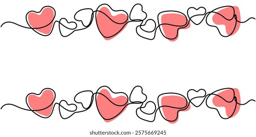 Pink and red heart garland thin line drawing, Hearts bunting continuous line drawing, Valentine's Day Heart Doodle Single Continuous Thin Line Drawing Border, Heart Christmas light. One line garlannd.