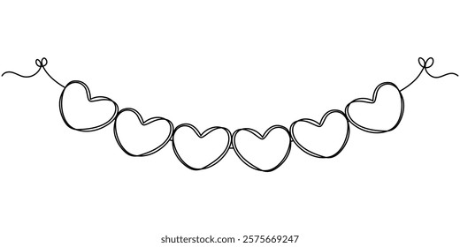 Pink and red heart garland thin line drawing, Hearts bunting continuous line drawing, Valentine's Day Heart Doodle Single Continuous Thin Line Drawing Border, Heart Christmas light. One line garlannd.