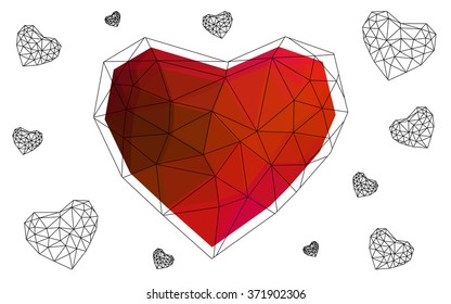 Pink, red heart isolated on white background. Geometric rumpled triangular low poly origami style gradient graphic illustration. Vector polygonal design for your business.