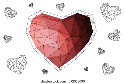 Pink, red heart isolated on white background. Geometric rumpled triangular low poly origami style gradient graphic illustration. Vector polygonal design for your business.