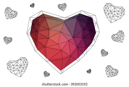Pink, red heart isolated on white background. Geometric rumpled triangular low poly origami style gradient graphic illustration. Vector polygonal design for your business.