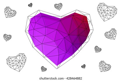 Pink, red heart isolated on white background. Geometric rumpled triangular low poly origami style gradient graphic illustration. Vector polygonal design for your business.