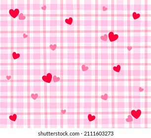 Corazón Rojo Rosa Amor San Valentín Día Gingham Patrón Rectángulo Fondo Editable Stroke. Tablero de ilustración vectorial, papel de envolvimiento de alfombras picnicas.	