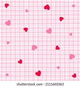 Rosa Red Heart Love Valentinstag Gingham Pattern Square Hintergrund Editable Stroke. Vektor Illustration Tablecloth, Picnic matte Packpapier.	