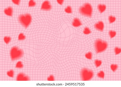 Pink red heart retro psychedelic checkerboard pattern. Groovy funky textures. Stock vector illustration in flat style.