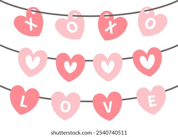 Pink red heart set hanging garland. XOXO, LOVE. Happy Valentines Day greeting card, invitation, banner template. Love sticker. Hearts decoration. Romantic icon. Flat design. White background. Vector