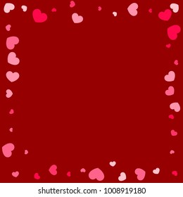 Pink Red Hearts Confetti Falling Background. Valentine's Day Pattern. Romantic Scattered Hearts Design Element. Love. Sweet Moment. Gift. Wedding. Anniversary, Birthday. Vector Illustratuion. 