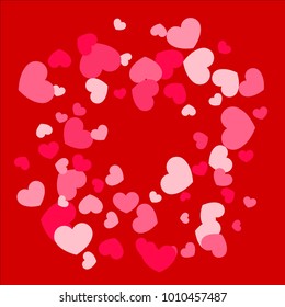 Pink Red Hearts Confetti Falling Background. Valentine's Day Pattern. Romantic Scattered Hearts Design Element. Love. Sweet Moment. Gift. Wedding. Anniversary, Birthday. Vector Illustratuion. 