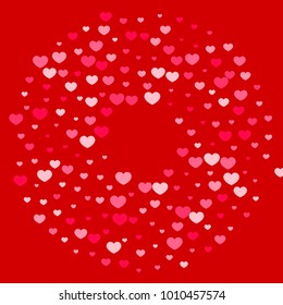 Pink Red Hearts Confetti Falling Background. Valentine's Day Pattern. Romantic Scattered Hearts Design Element. Love. Sweet Moment. Gift. Wedding. Anniversary, Birthday. Vector Illustratuion. 