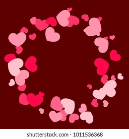 Pink Red Hearts Confetti Falling Background. Valentine's Day Pattern. Romantic Scattered Hearts Design Element. Love. Sweet Moment. Gift. Wedding. Anniversary, Birthday. Vector Illustratuion. 
