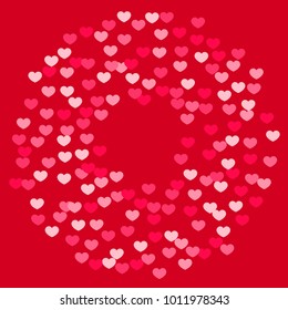 Pink Red Hearts Confetti Falling Background. Valentine's Day Pattern. Romantic Scattered Hearts Design Element. Love. Sweet Moment. Gift. Wedding. Anniversary, Birthday. Vector Illustratuion. 